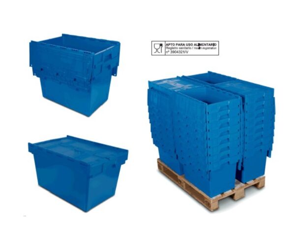 CAJA DE PLASTICO APILABLE Y ENCAJABLE CON TAPA INTEGRADA  600x400x340 mm